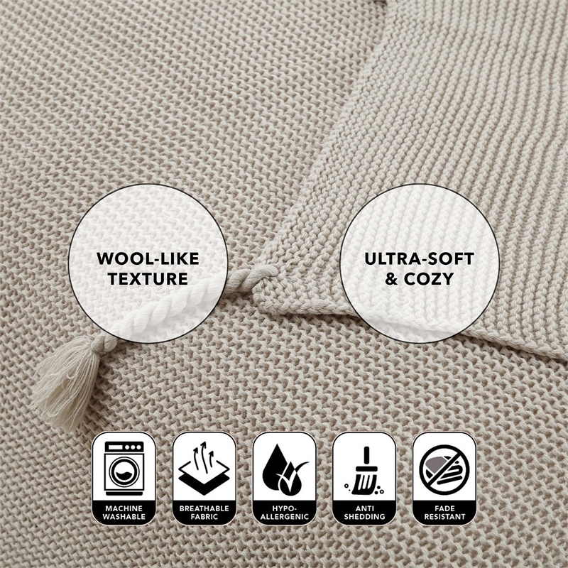 Tianna Sand Acrylic 50x60 Inches Wool-like Tassels Knit Throw Blanket