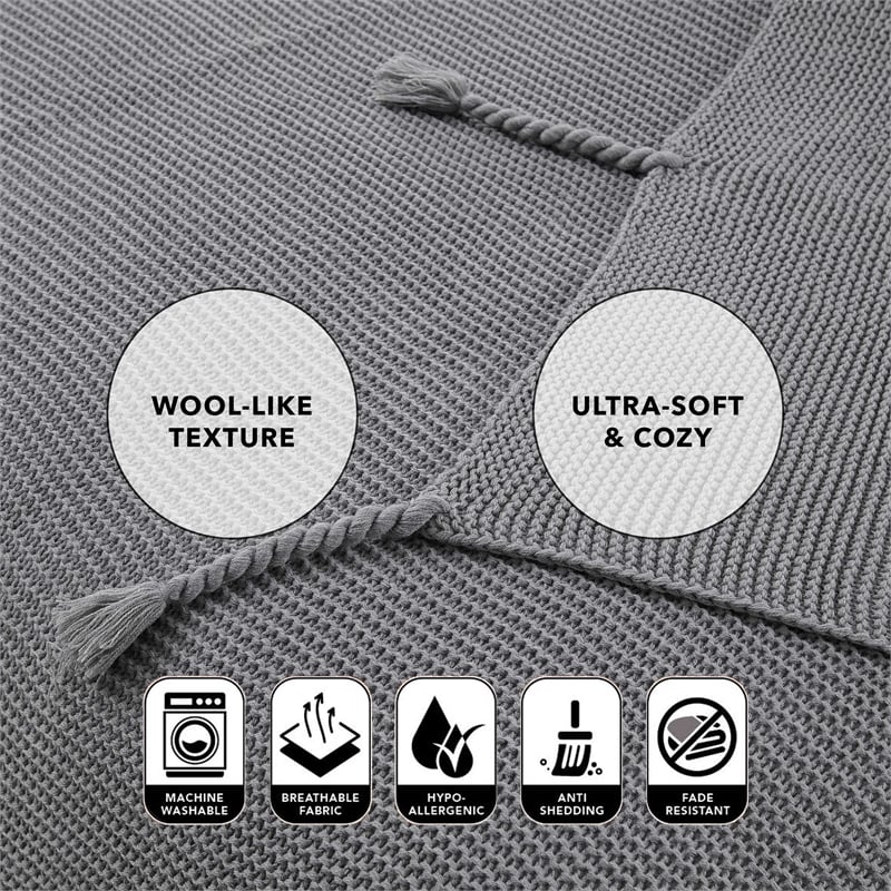Tianna Grey Acrylic 50x60 Inches Wool-like Tassels Knit Throw Blanket