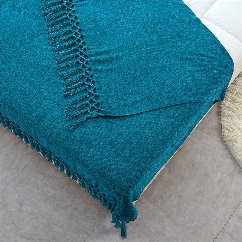 Tianna  Teal Acrylic 50x60 Inches Wool-like Tassels Knit Throw Blanket