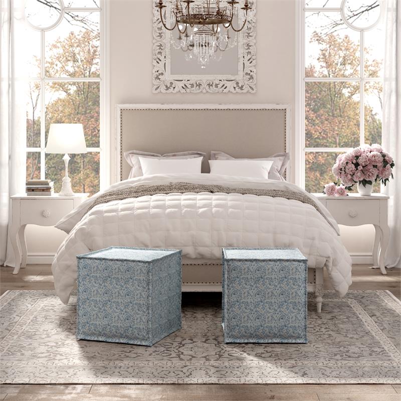 Capri  Ottoman  Indes  Blue  Ground  Linen  Upholstered  Piping  Accents