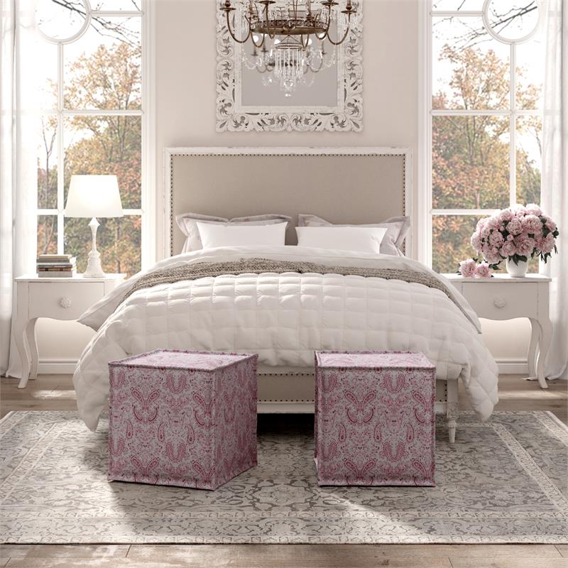 Capri  Ottoman  Paisley Red  Linen  Upholstered  Piping  Accents