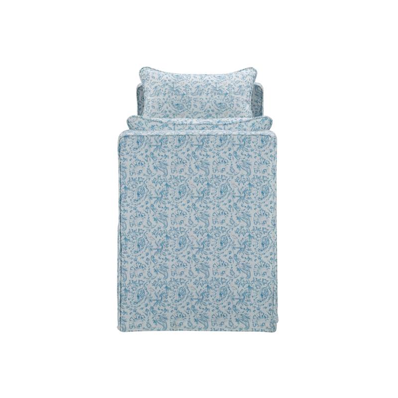 Yazmin  Bench  Indes  Blue  Ground  Linen  Upholstered  Piping  Details