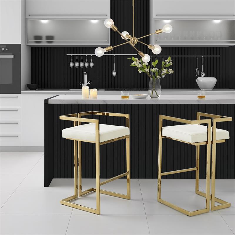 Kamiya  Bar  Stool  Cream White/Gold Velvet  Geometric  Frame  Upholstered