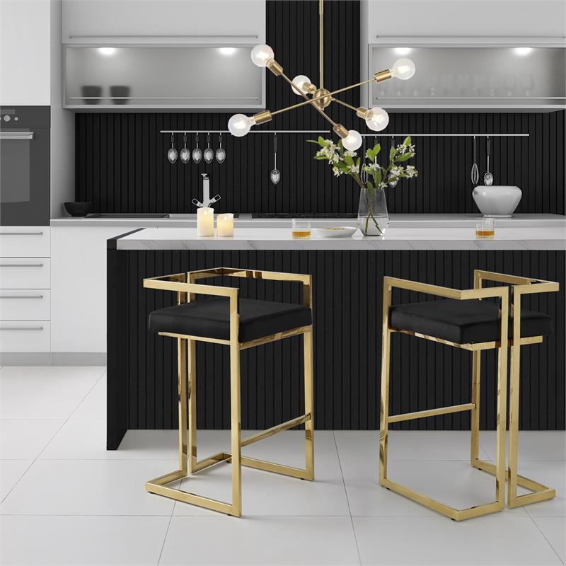 Kamiya Bar Stool Black/Gold Velvet  Geometric Frame Upholstered