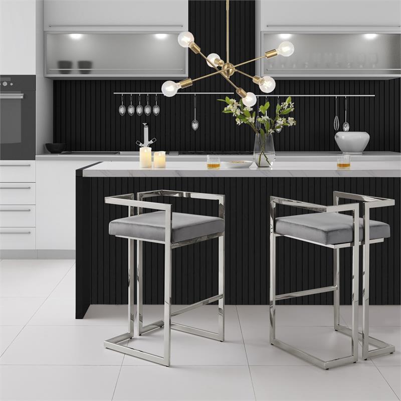 Kamiya Bar Stool Gray/Chrome Velvet  Geometric Frame Upholstered