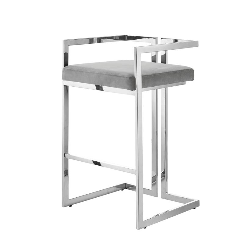Kamiya Bar Stool Gray/Chrome Velvet  Geometric Frame Upholstered