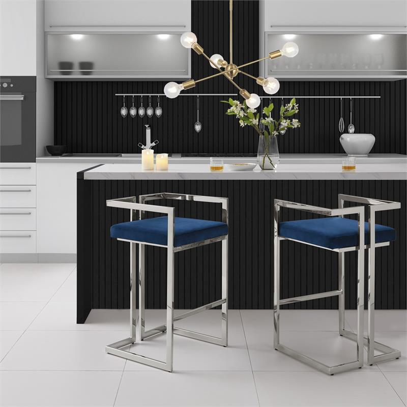 Kamiya Bar Stool Navy/Chrome Velvet  Geometric Frame Upholstered