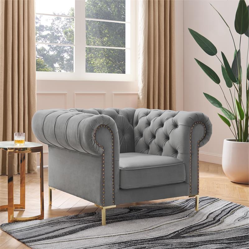 Arlette Club Chair Gray Velvet Button Tufted Gold Nailhead Trim Sinuous Springs