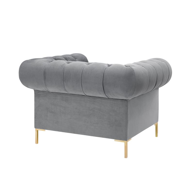 Arlette Club Chair Gray Velvet Button Tufted Gold Nailhead Trim Sinuous Springs
