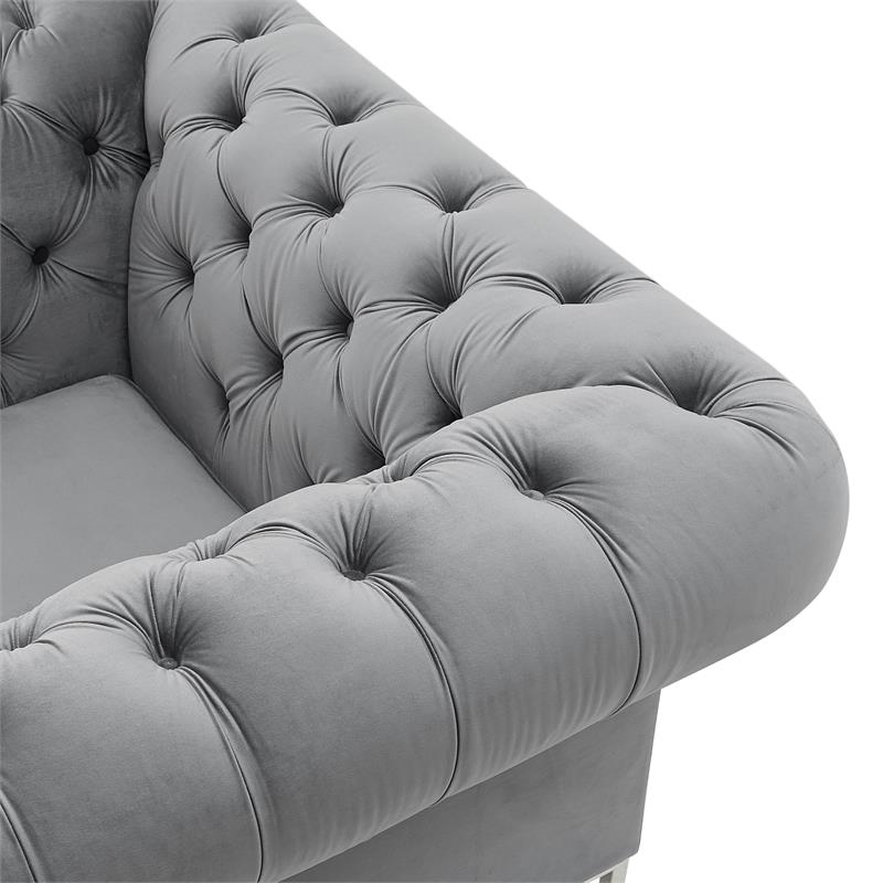 Arlette Club Chair Gray Velvet Button Tufted Gold Nailhead Trim Sinuous Springs