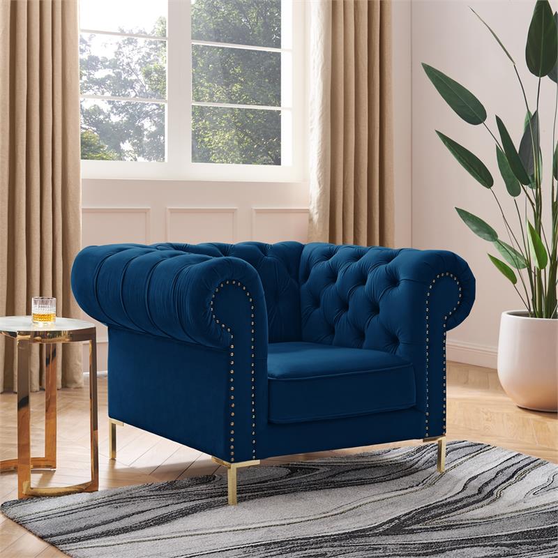Arlette Club Chair Navy Velvet  Button Tufted Gold Nailhead Trim Sinuous Springs