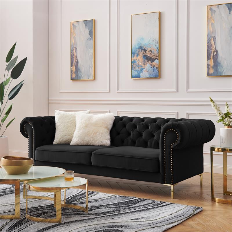 Arlette Sofa Black Velvet  Button Tufted Gold Nailhead Trim Sinuous Springs