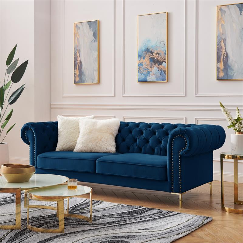 Arlette Sofa Navy Velvet  Button Tufted Gold Nailhead Trim Sinuous Springs