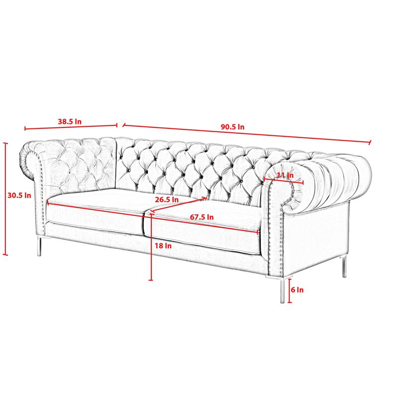Arlette Sofa Navy Velvet  Button Tufted Gold Nailhead Trim Sinuous Springs