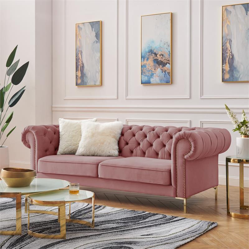 Arlette Sofa Rust Velvet  Button Tufted Gold Nailhead Trim Sinuous Springs