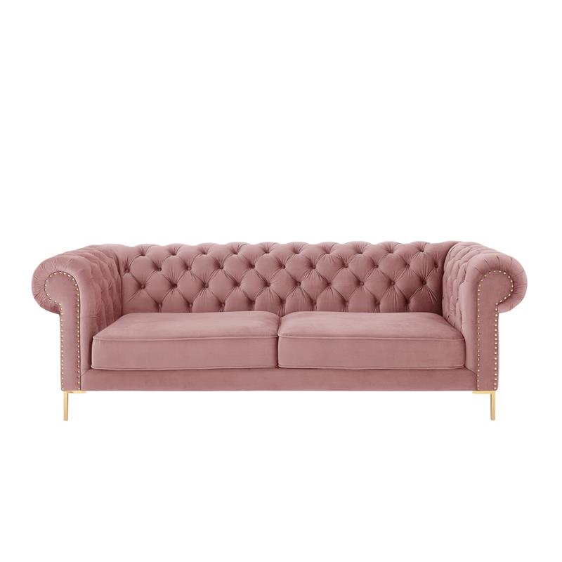 Arlette Sofa Rust Velvet  Button Tufted Gold Nailhead Trim Sinuous Springs