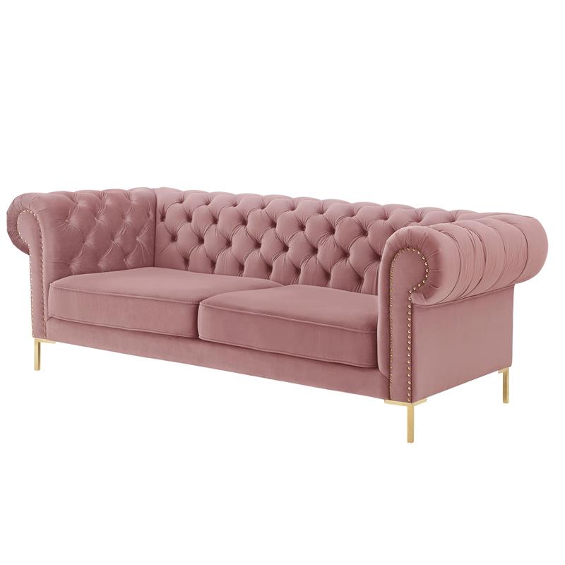 Arlette Sofa Rust Velvet  Button Tufted Gold Nailhead Trim Sinuous Springs