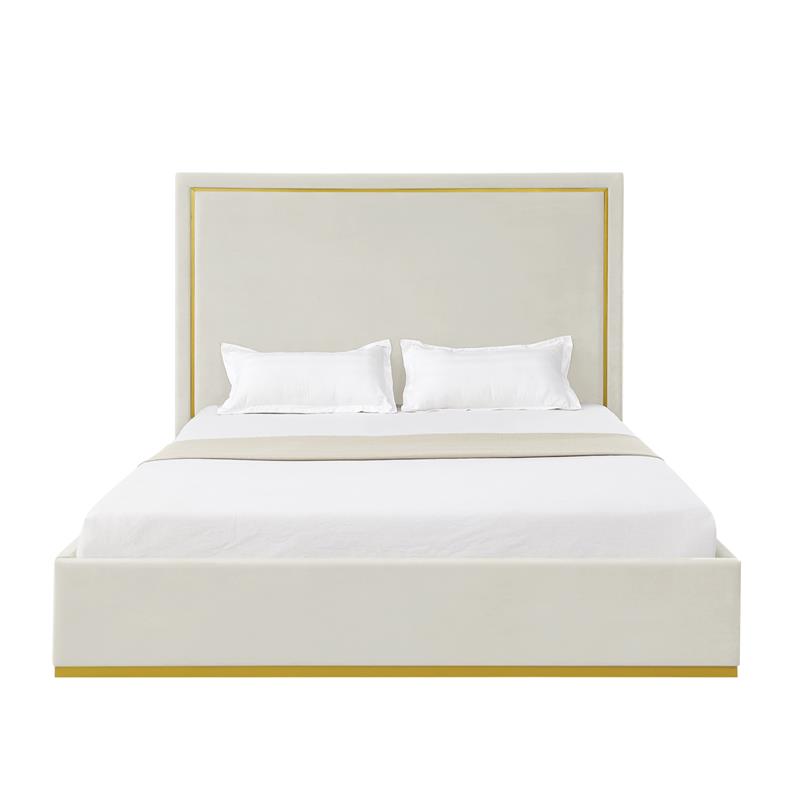 Creed Bed Beige Velvet King Upholstered Powder Coated Gold Frame and Base