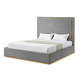 Creed Bed Grey Velvet Queen Upholstered Powder Coated Gold Frame and Base