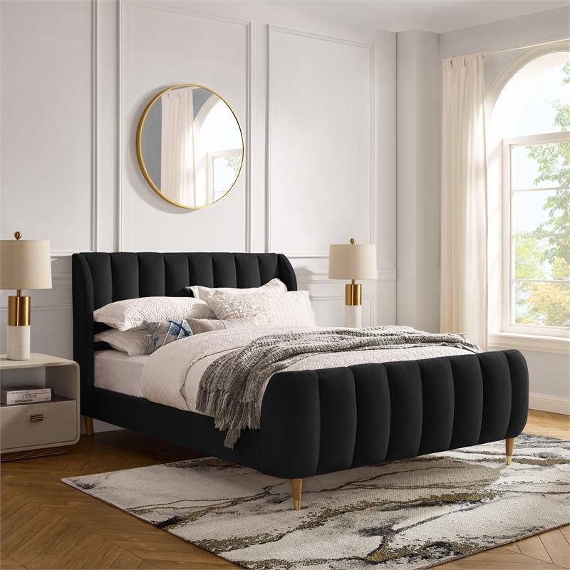 Aubreigh Bed Black Velvet Queen Upholstered Channel Tufted