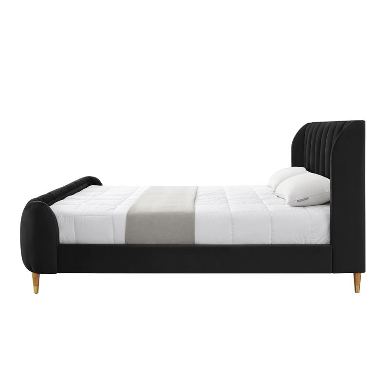 Aubreigh Bed Black Velvet Queen Upholstered Channel Tufted