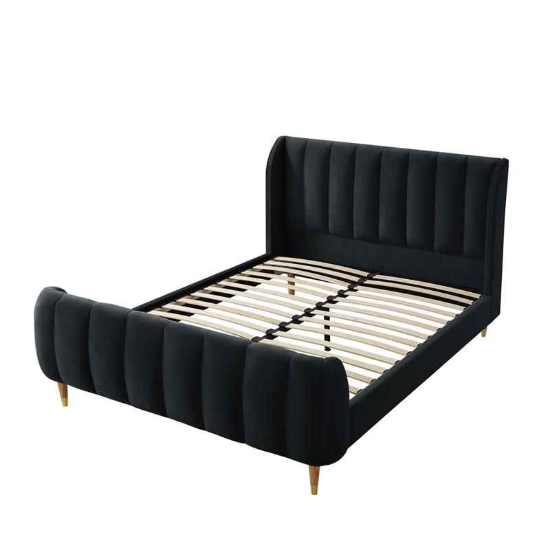 Aubreigh Bed Black Velvet Queen Upholstered Channel Tufted