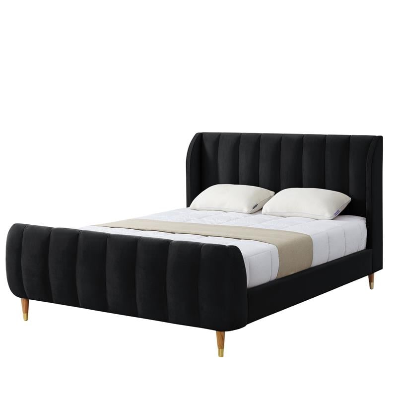 Aubreigh Bed Black Velvet Queen Upholstered Channel Tufted