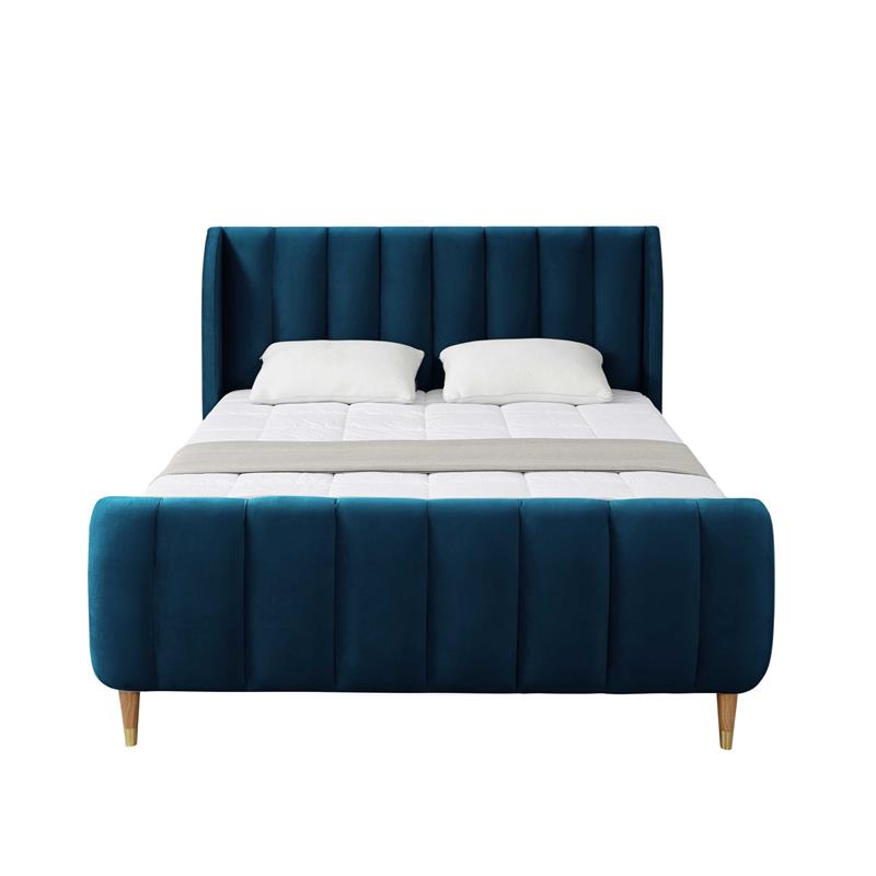 Aubreigh Bed Navy Velvet Queen Upholstered Channel Tufted