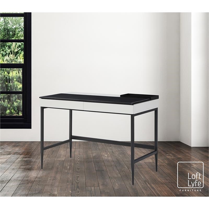 Floyd Eucalyptus Wood Desk Black/White 43.3L x 21.6W x 30H 2 Storage Drawers
