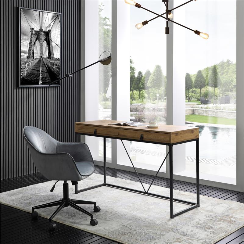 Emelyn Wooden Desk Natural/Black 47.2L x 19.7W x 30H 2 Storage Leather Drawer