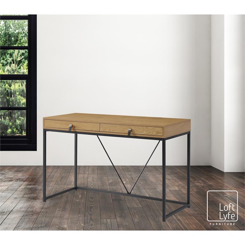 Emelyn Wooden Desk Natural/Black 47.2L x 19.7W x 30H 2 Storage Leather Drawer