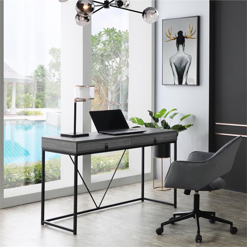 Emelyn Wooden Desk Grey/Black 47.2L x 19.7W x 30H 2 Storage Leather Drawer