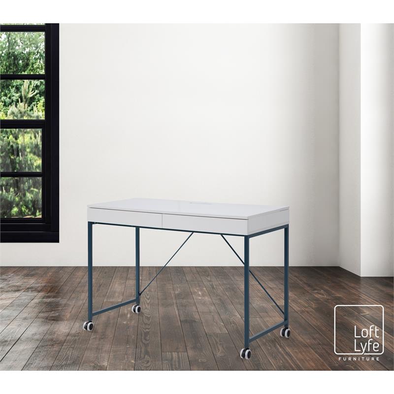 Marcelino Wooden Desk White/Navy 43.3L x 21.6W x 30H 2 Storage Drawers