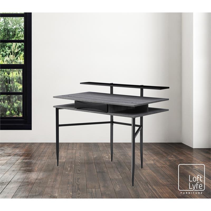 Layna Wooden Desk Gray/Black  43.3L x 22.8W x 34.8H 1 Storage Drawer Side