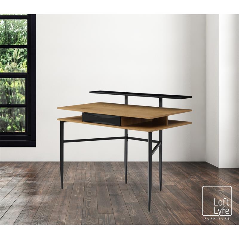 Layna Wooden Desk Natural/Black 43.3L x 22.8W x 34.8H 1 Storage Drawer Side