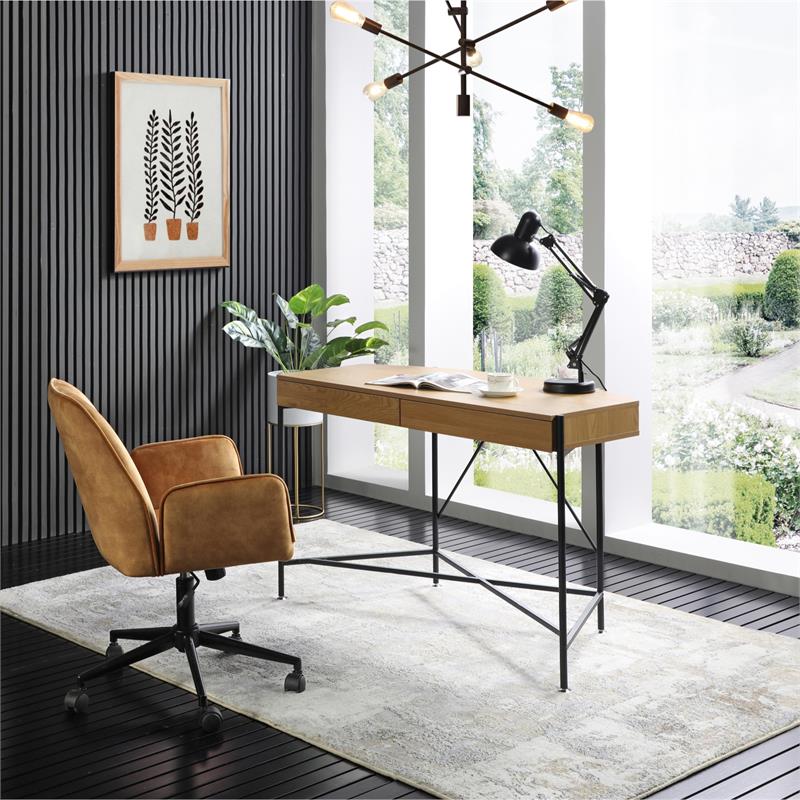Kyran Wooden Desk Natural/Black 44.8L x 22.1W x 30H 2 Storage Drawers