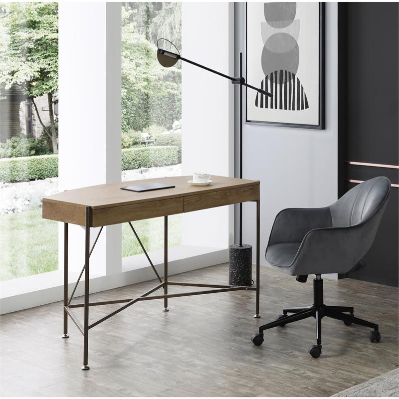 Kyran Wooden Desk Natural/Bronze 44.8L x 22.1W x 30H 2 Storage Drawers