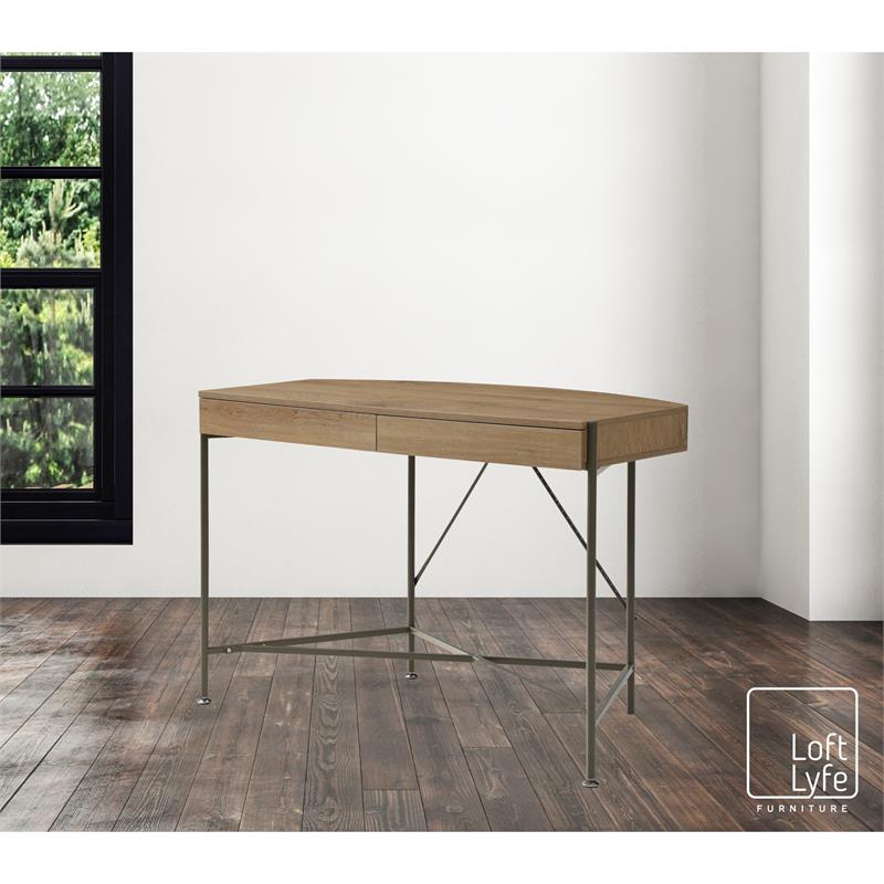 Kyran Wooden Desk Natural/Bronze 44.8L x 22.1W x 30H 2 Storage Drawers