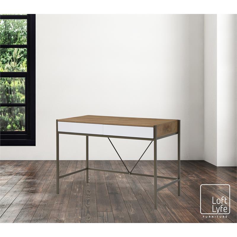 Yolanda Wooden Desk Natural/Bronze 43.3L x 21.7W x 30H 2 Storage Drawers