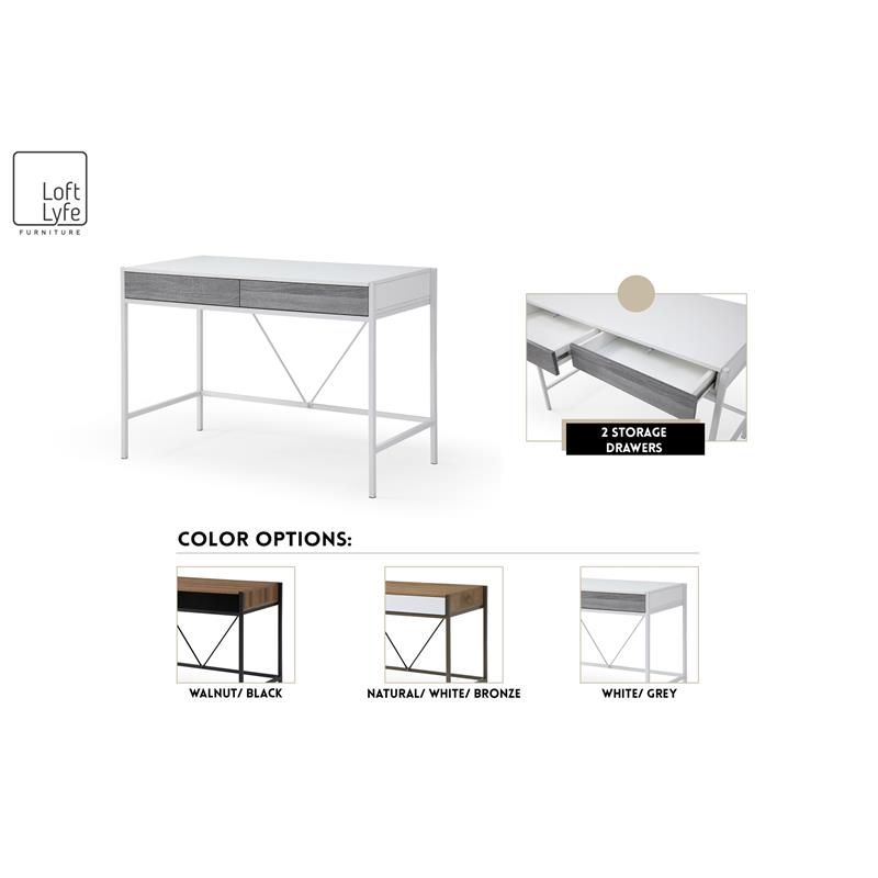 Yolanda Wooden Desk Natural/Bronze 43.3L x 21.7W x 30H 2 Storage Drawers