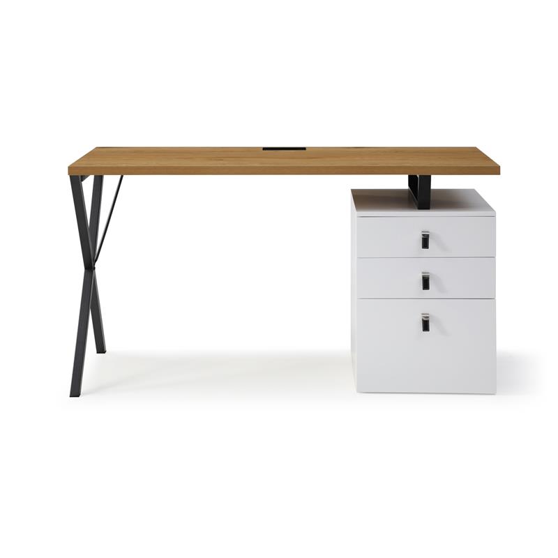 Dev Wooden Desk Natural 55L x 23.6W x 30H 3 Storage Drawers Leather Handles