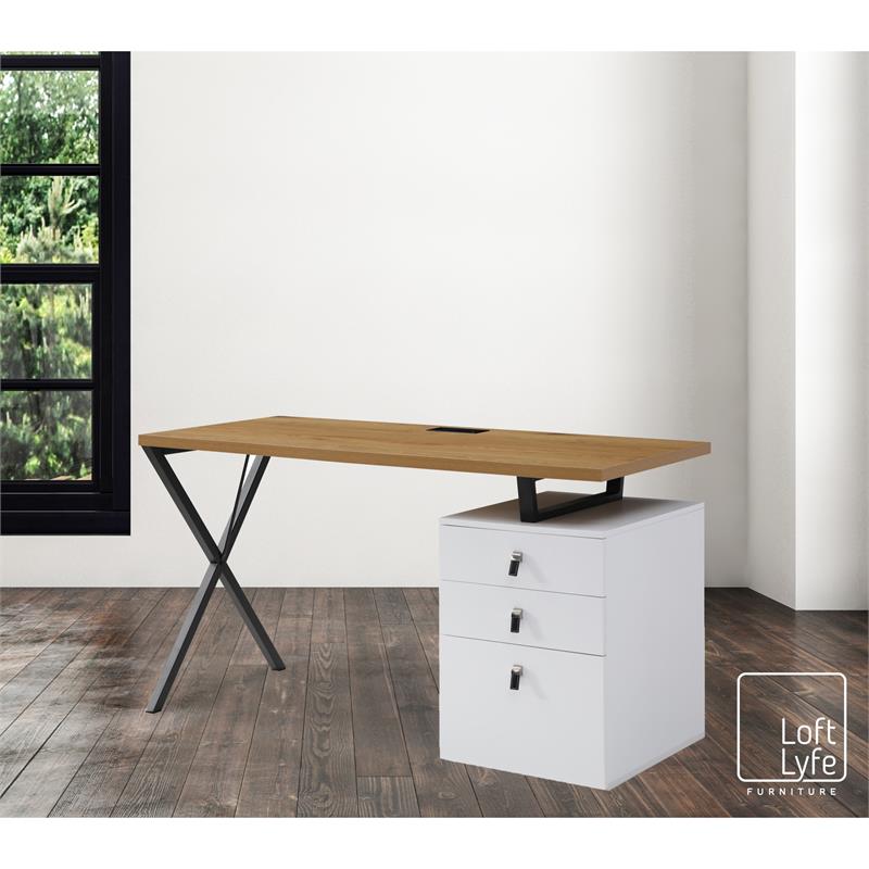 Dev Wooden Desk Natural 55L x 23.6W x 30H 3 Storage Drawers Leather Handles