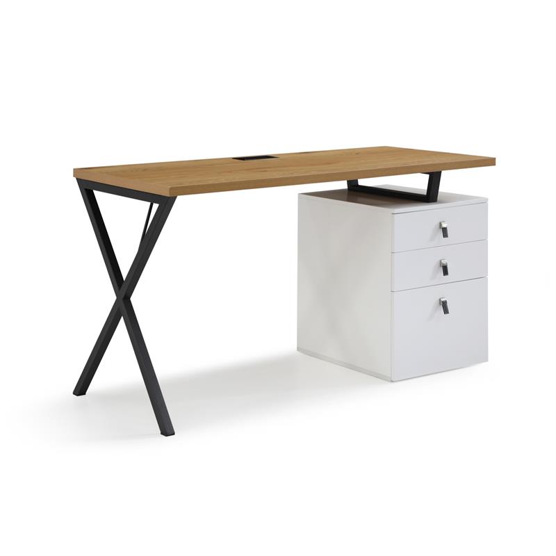 Dev Wooden Desk Natural 55L x 23.6W x 30H 3 Storage Drawers Leather Handles
