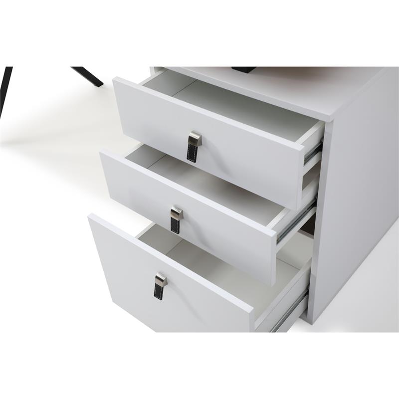 Dev Wooden Desk White  55L x 23.6W x 30H 3 Storage Drawers Leather Handles
