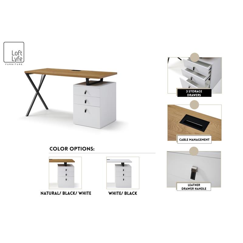 Dev Wooden Desk White  55L x 23.6W x 30H 3 Storage Drawers Leather Handles