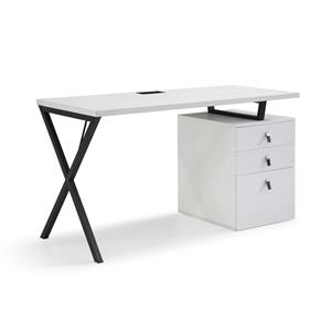 Dev Wooden Desk White  55L x 23.6W x 30H 3 Storage Drawers Leather Handles