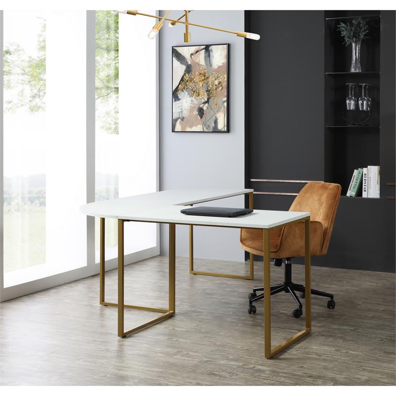 Jacelyn Desk White/Gold  71L x 63W x 30H L-Shaped Curved Corner