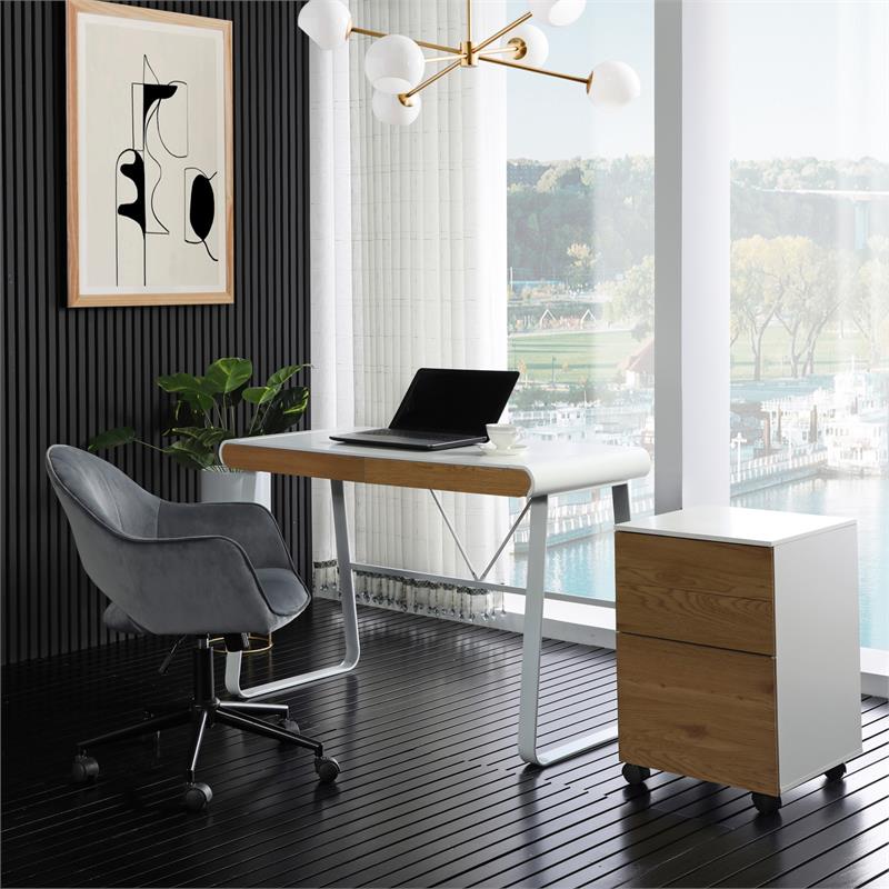 Faigy Wooden Desk White 43.3L x 21.6W x 30H 2 Storage Drawers Geometric Legs
