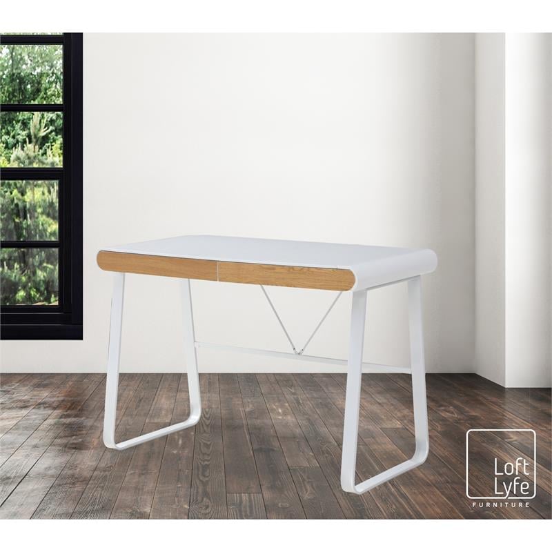 Faigy Wooden Desk White 43.3L x 21.6W x 30H 2 Storage Drawers Geometric Legs