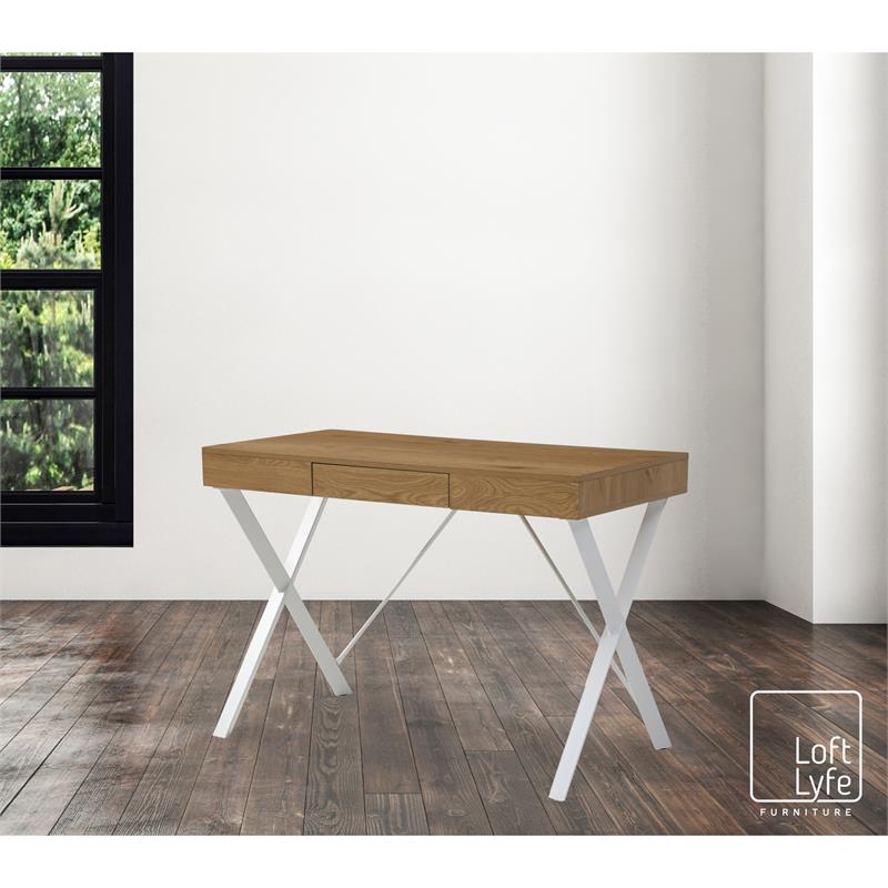 Mona Wooden Desk Natural/White 43.3L x 21.7W x 30H 1 Storage Drawer X-Leg